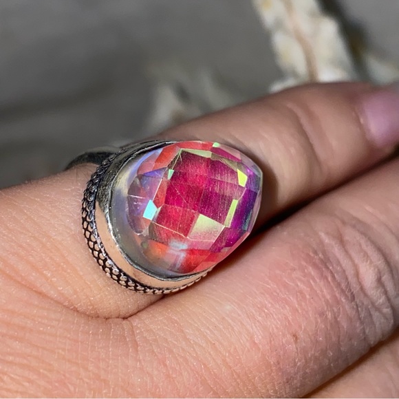Sale * Mystic Rainbow Topaz vintage teardrop ring - Picture 6 of 12